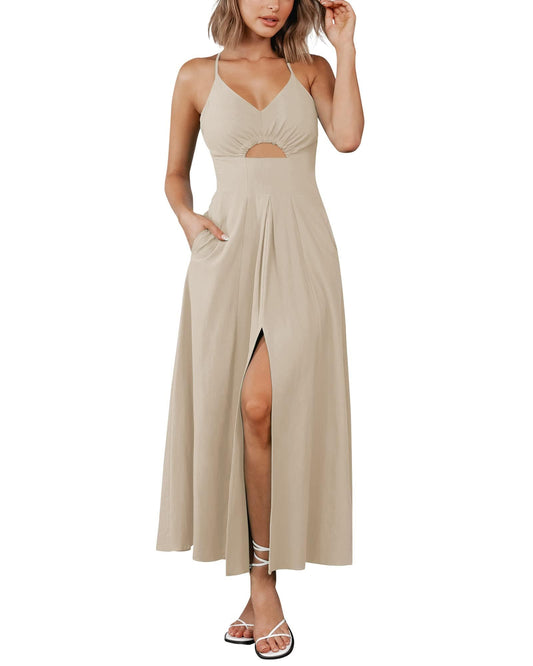 Summer Spaghetti Strap Midi Dress Sleeveless V Neck Cutout Slit Casual Beach Party Maxi Dresses Pockets(Solid Apricot, Small)