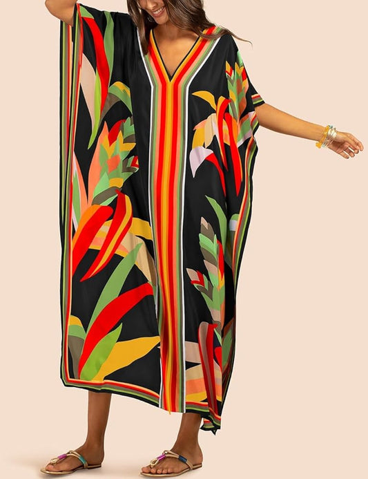 Eddoyee Women Long Print Swimwear Cover Up Sexy V Neck Side Split Beach Caftans Lounge Dresses