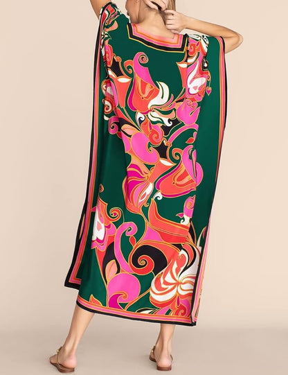 Eddoyee Women Long Print Swimwear Cover Up Sexy V Neck Side Split Beach Caftans Lounge Dresses