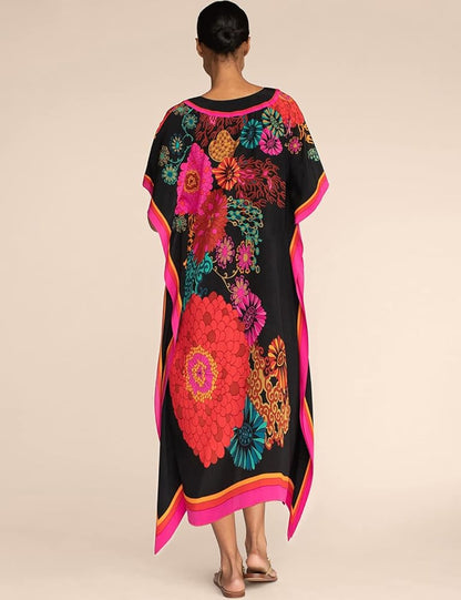 Eddoyee Women Long Print Swimwear Cover Up Sexy V Neck Side Split Beach Caftans Lounge Dresses