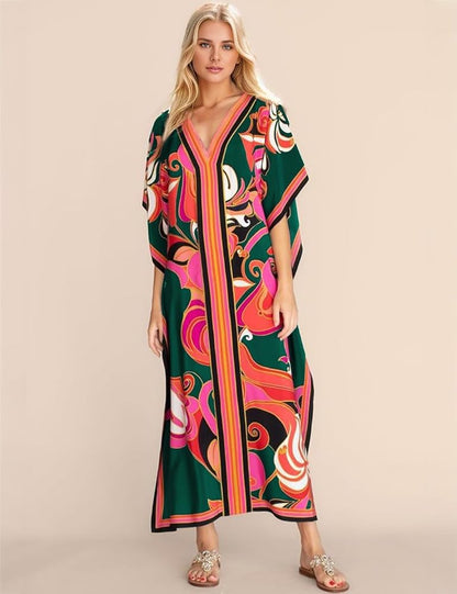 Eddoyee Women Long Print Swimwear Cover Up Sexy V Neck Side Split Beach Caftans Lounge Dresses