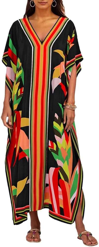 Eddoyee Women Long Print Swimwear Cover Up Sexy V Neck Side Split Beach Caftans Lounge Dresses