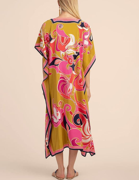 Eddoyee Women Long Print Swimwear Cover Up Sexy V Neck Side Split Beach Caftans Lounge Dresses