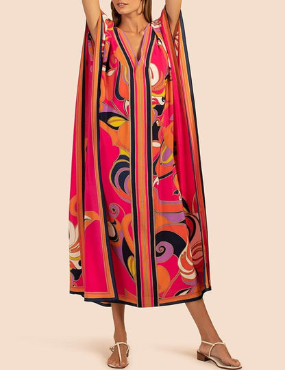 Eddoyee Women Long Print Swimwear Cover Up Sexy V Neck Side Split Beach Caftans Lounge Dresses