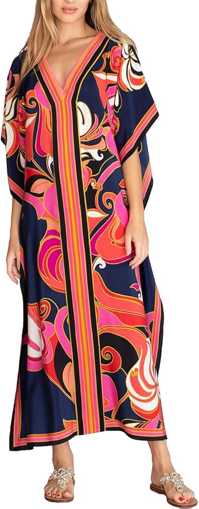 Eddoyee Women Long Print Swimwear Cover Up Sexy V Neck Side Split Beach Caftans Lounge Dresses