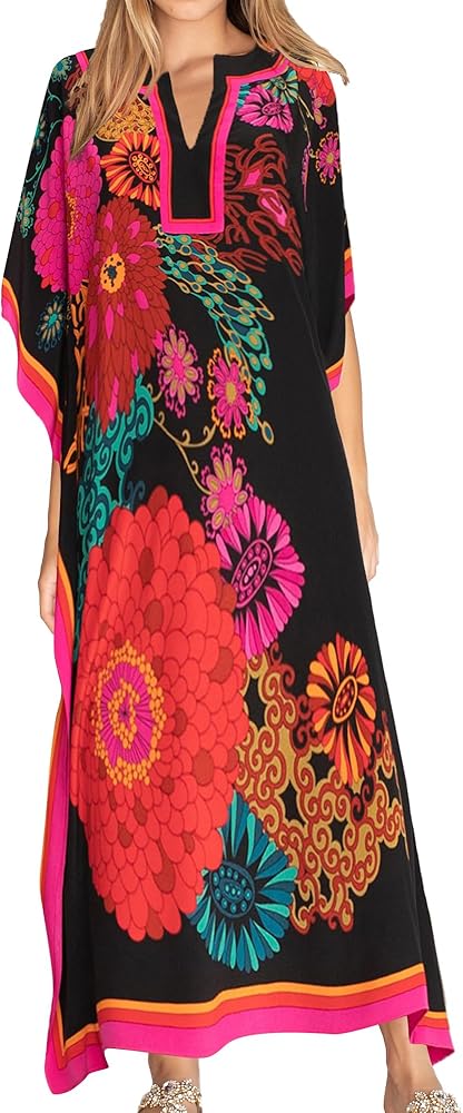 Eddoyee Women Long Print Swimwear Cover Up Sexy V Neck Side Split Beach Caftans Lounge Dresses