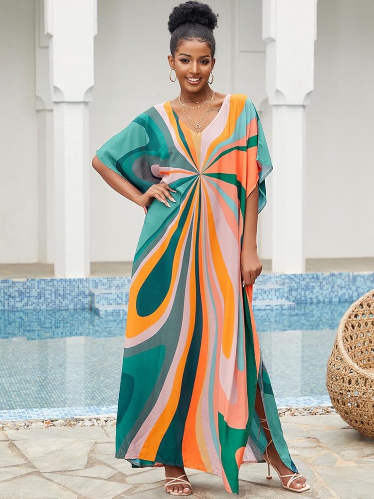 Moroccan Print V-Neck Batwing Kaftan Women's Plus Size Loose Fit Beach Dress Bathing Suit Cover Up Loungewear