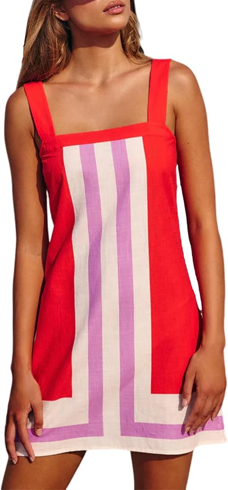Fiona Jolin Women's Striped Mini Dress Boho Shoulder Strap Sundress Summer Cover Up Dress for Beach