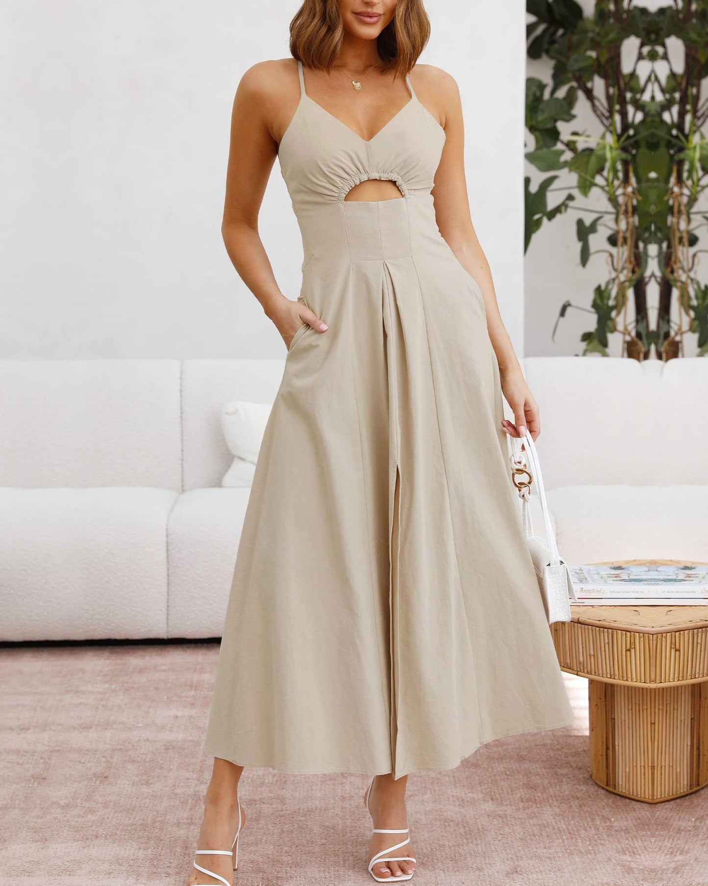 Summer Spaghetti Strap Midi Dress Sleeveless V Neck Cutout Slit Casual Beach Party Maxi Dresses Pockets(Solid Apricot, Small)