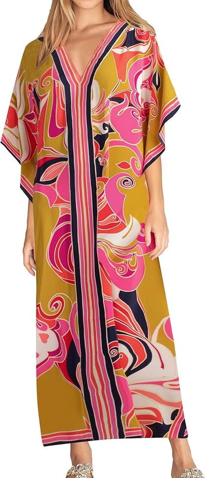 Eddoyee Women Long Print Swimwear Cover Up Sexy V Neck Side Split Beach Caftans Lounge Dresses