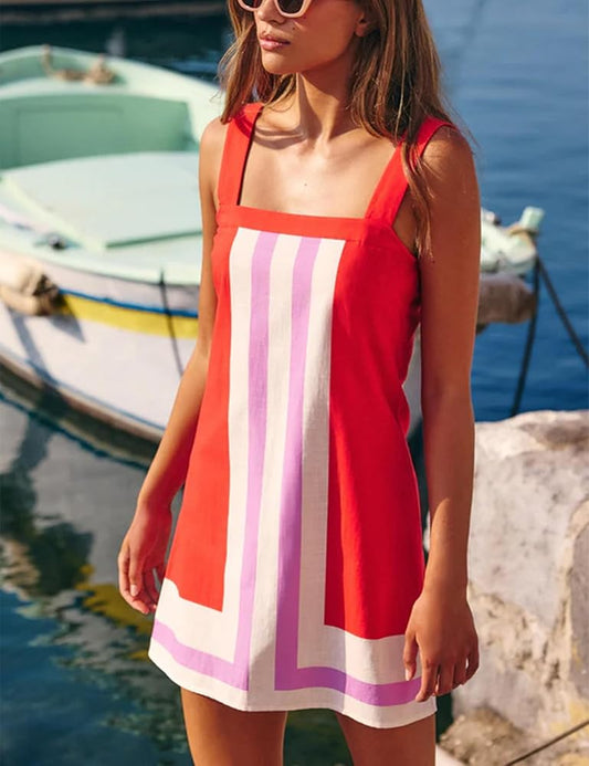 Fiona Jolin Women's Striped Mini Dress Boho Shoulder Strap Sundress Summer Cover Up Dress for Beach