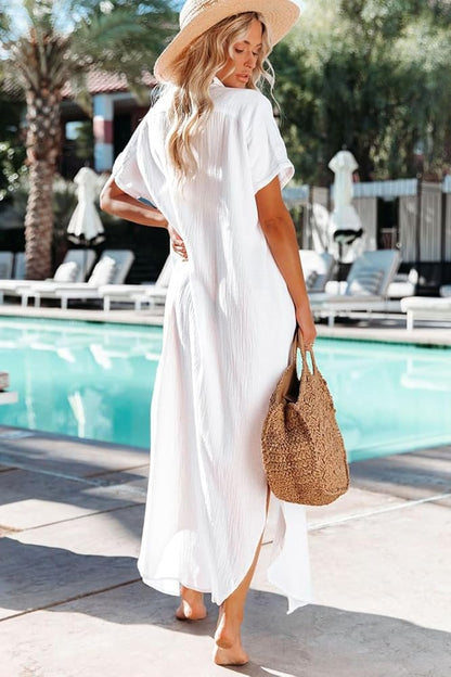 Herseas Womens Casual Short Sleeve Button Down Dress Side Split Long Kimonos Cardigans Swimsuit Cover Ups Beach Dress