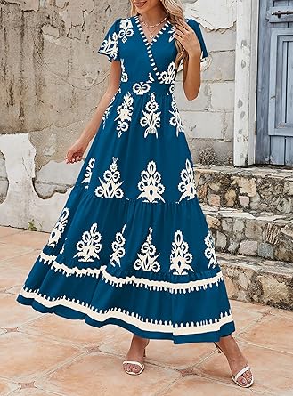 Casual V Neck Boho Maxi Dress