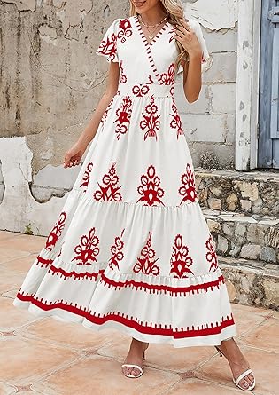 Casual V Neck Boho Maxi Dress