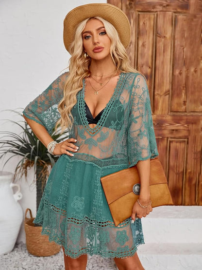 Moss Rose Women's Lace Bathing Suit Cover Up V-Neck Coverups Swimwear Swimsuit Swim Beach Dress Beachwear