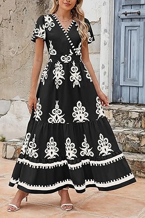 Casual V Neck Boho Maxi Dress