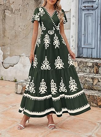 Casual V Neck Boho Maxi Dress