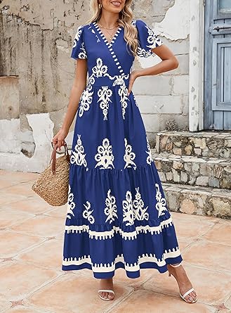 Casual V Neck Boho Maxi Dress