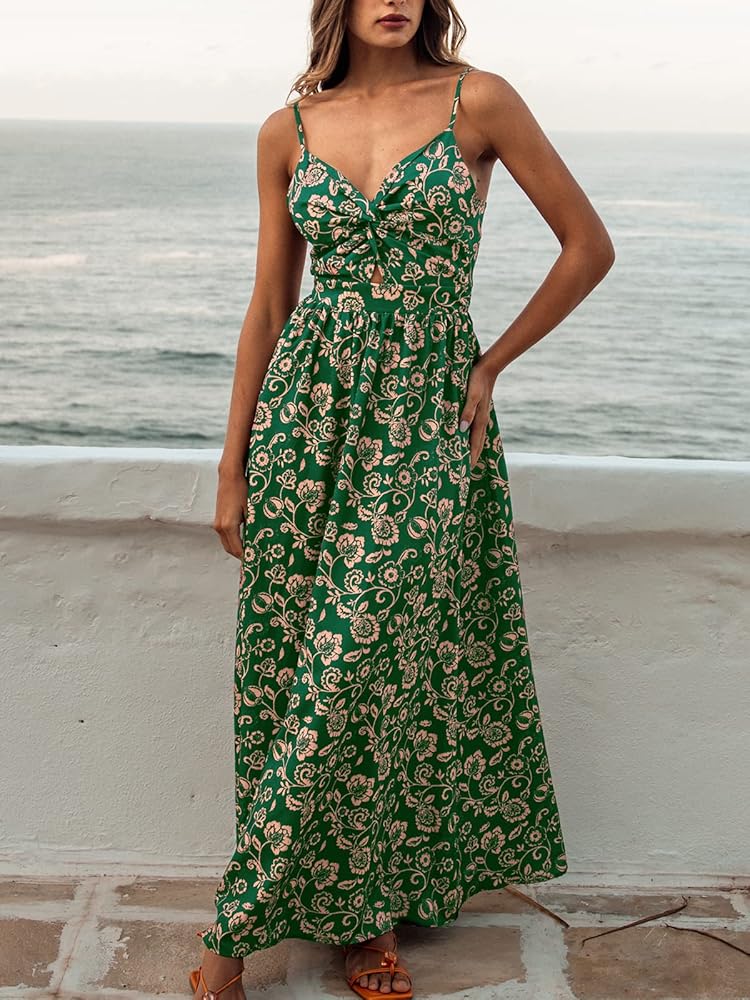CUPSHE Women's Maxi Dress Floral Print Twisted V Neck Sleeveless Long Dress Summer Casual Dress
