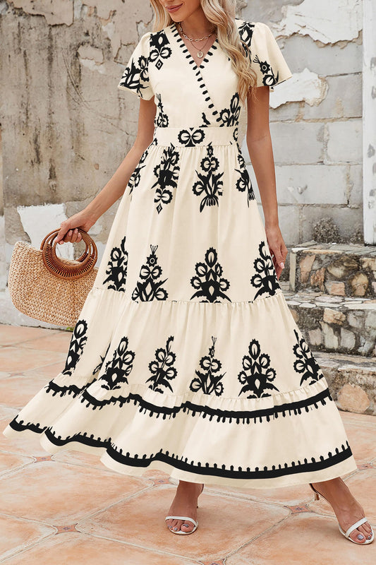 Casual V Neck Boho Maxi Dress