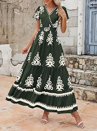 Casual V Neck Boho Maxi Dress