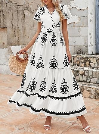 Casual V Neck Boho Maxi Dress