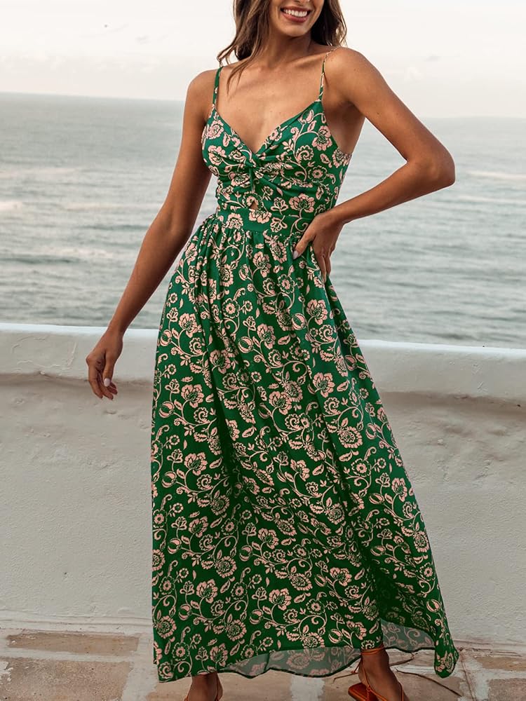CUPSHE Women's Maxi Dress Floral Print Twisted V Neck Sleeveless Long Dress Summer Casual Dress