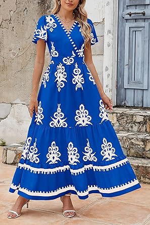 Casual V Neck Boho Maxi Dress