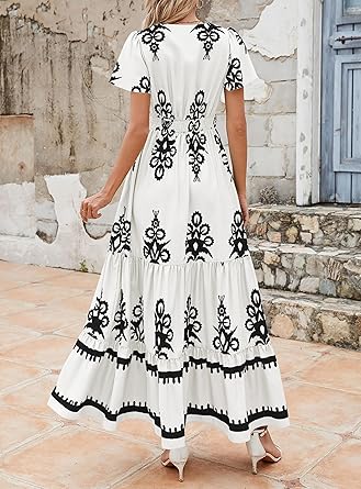 Casual V Neck Boho Maxi Dress
