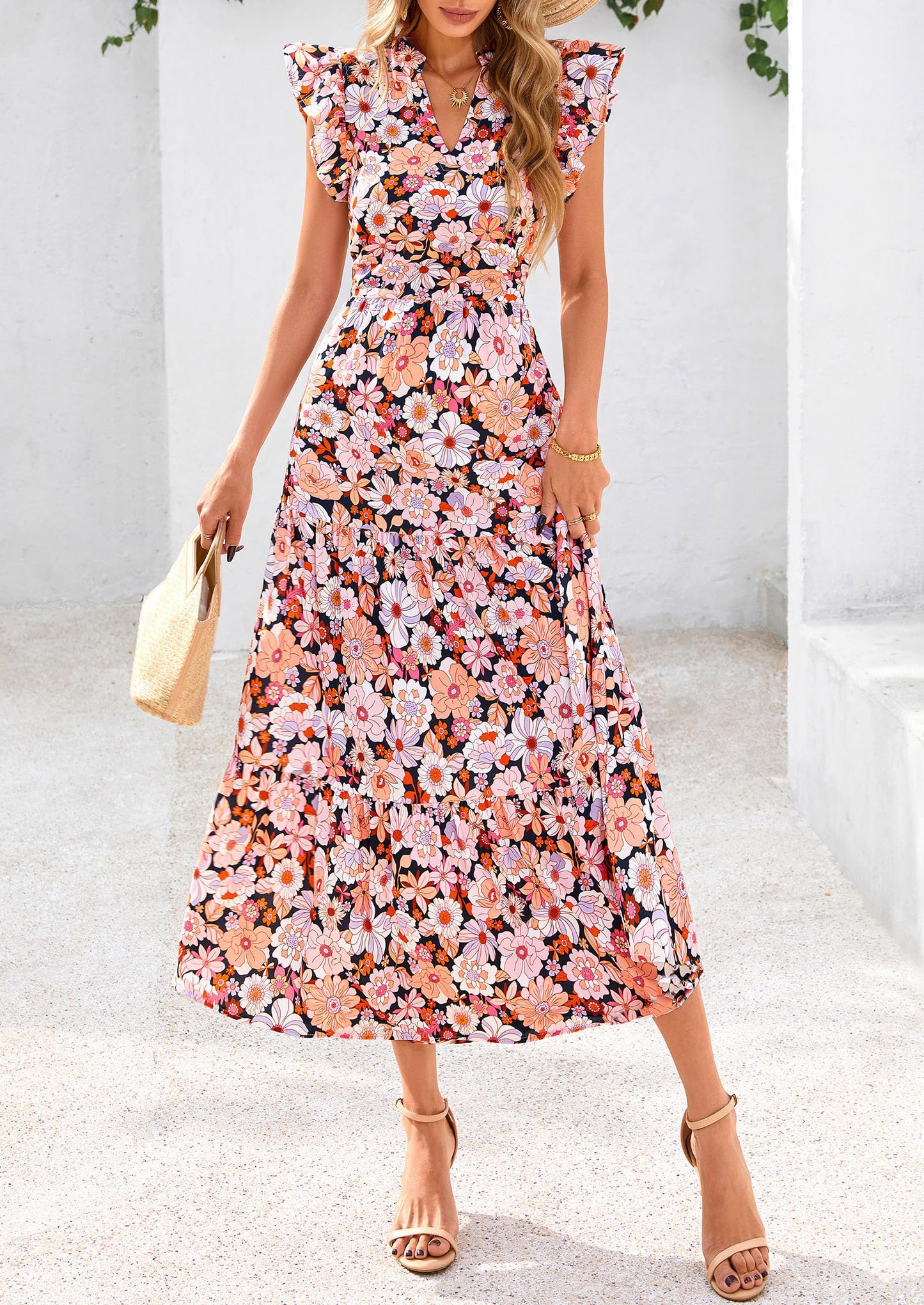 V Neck Ruffle Long Flowy Dresses