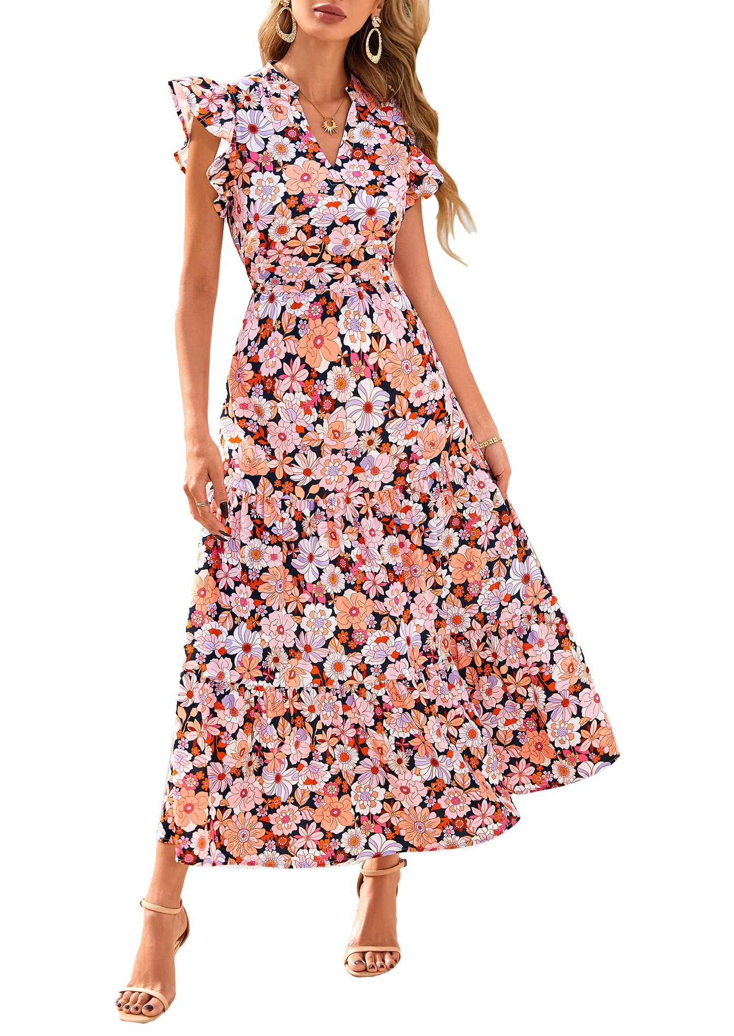V Neck Ruffle Long Flowy Dresses