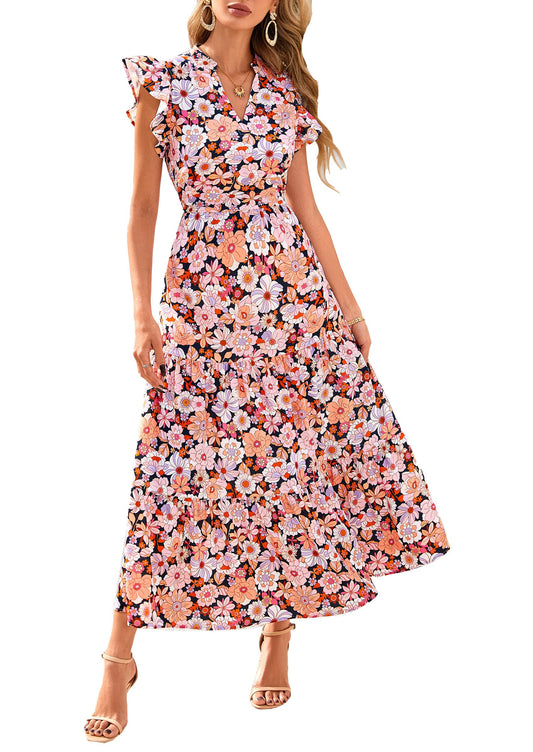 V Neck Ruffle Long Flowy Dresses