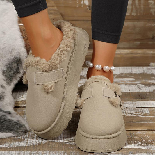Short Ankle With Buckle Fleece Plush Slipper Boots